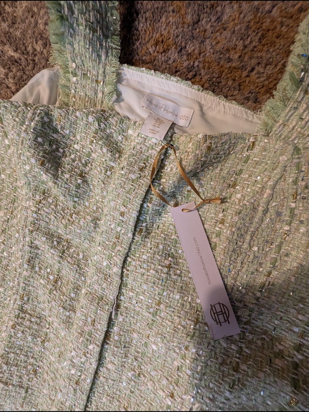 House of Harlow 1960 Green Tweed Mini Dress Size M Metallic Bouclé - Picture 10 of 10